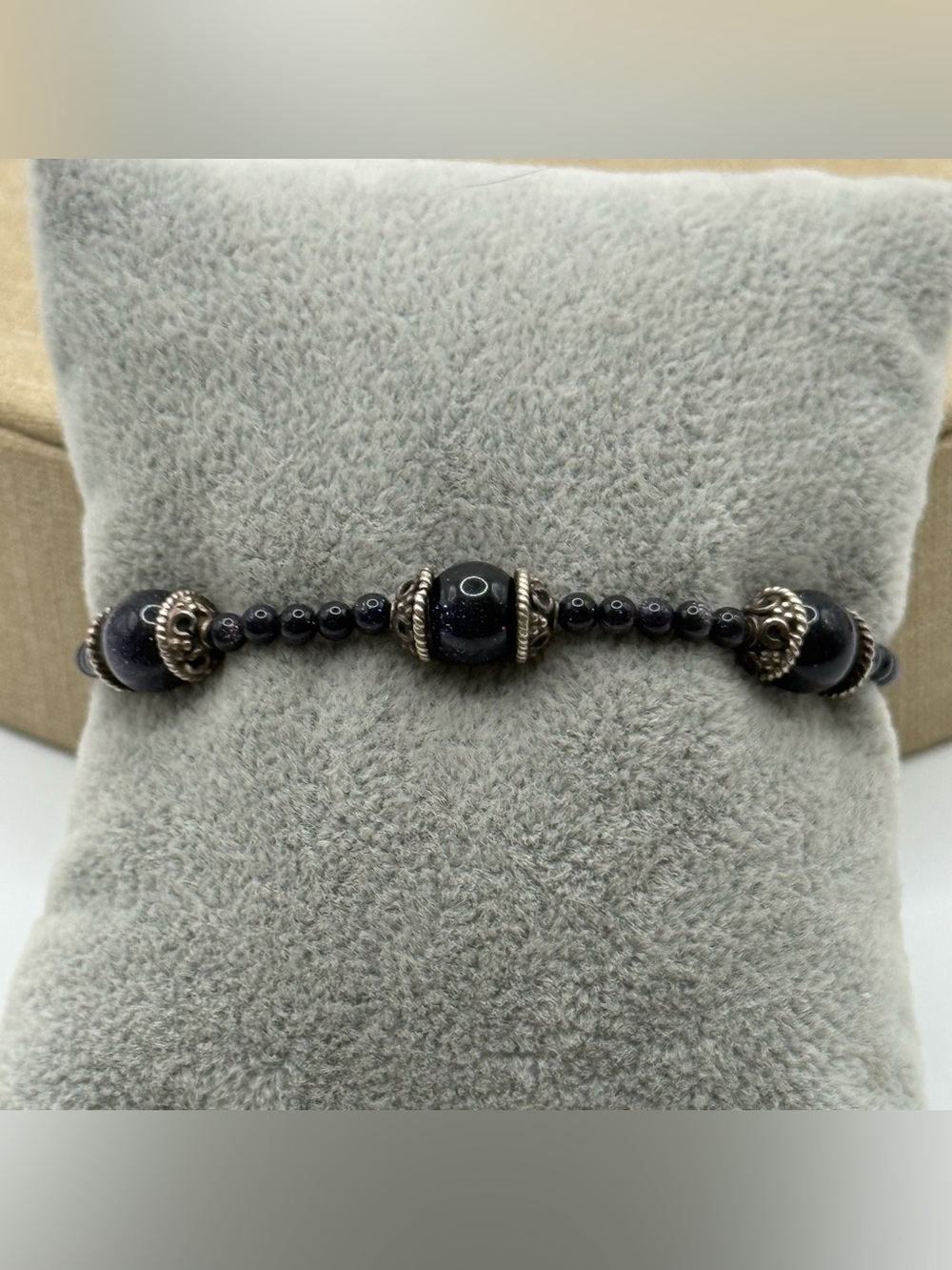 Blue sunstone Beaded Bracelet with sterling Silver Accents